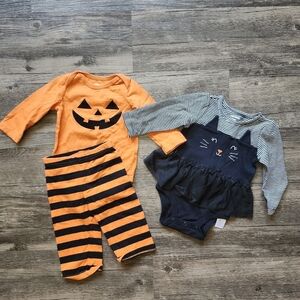 3 To 6 Month Halloween Pumpkin and Cat Outfit Bundle